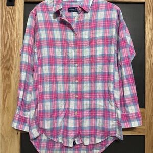 Lauren James Boyfriend Flannel Plaid Button Down Shirt Pink Blue Small